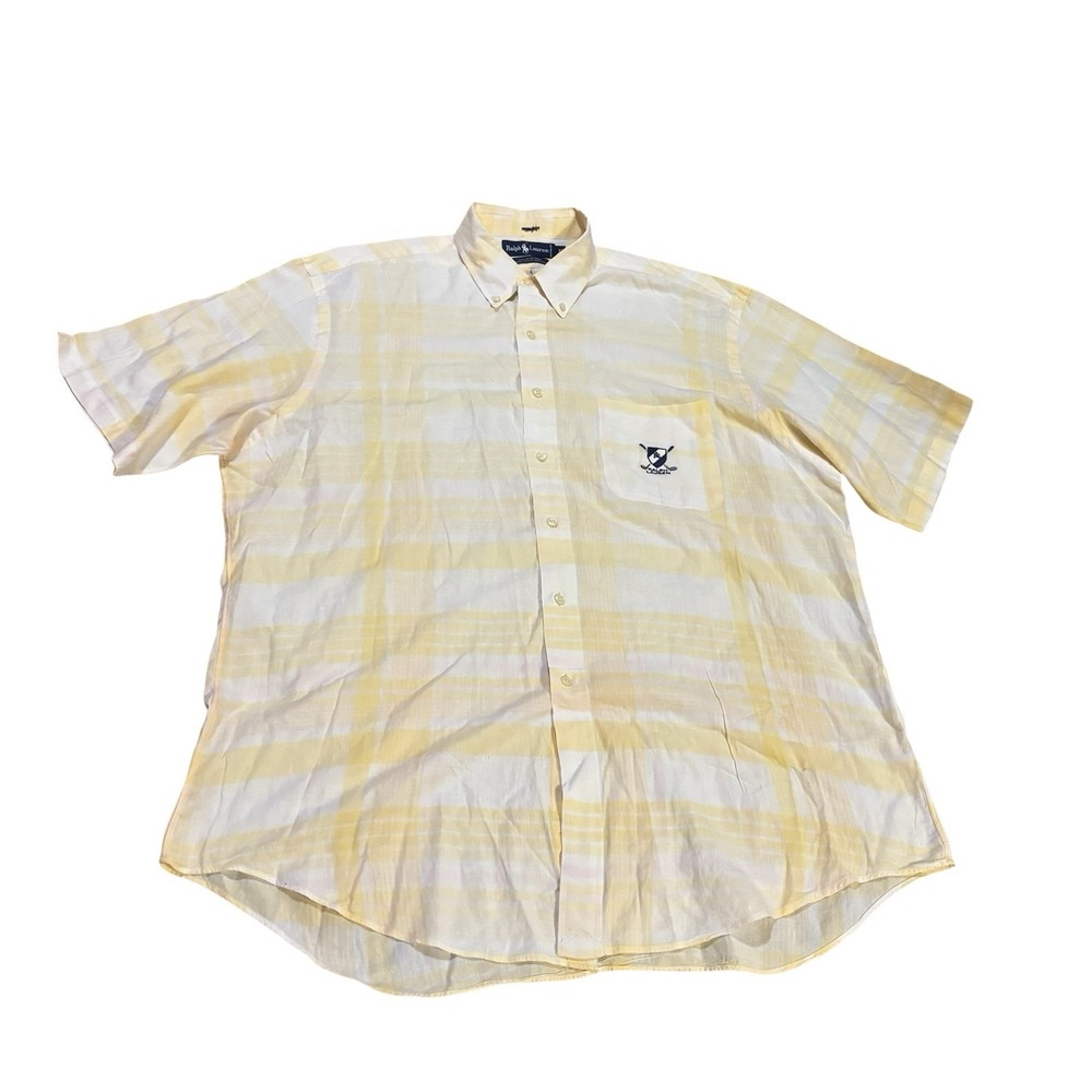 Polo Ralph‎ Lauren Madras Golf Logo Button Down Yellow White Mens XL Vintage